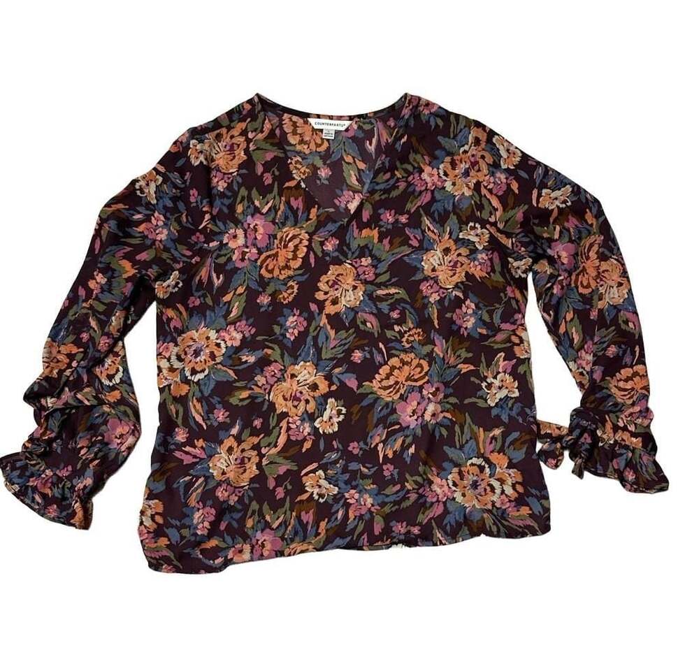 Women's Floral V-Neck Long Sleeve Ruffle Cuffs Blouse Burgundy Size L